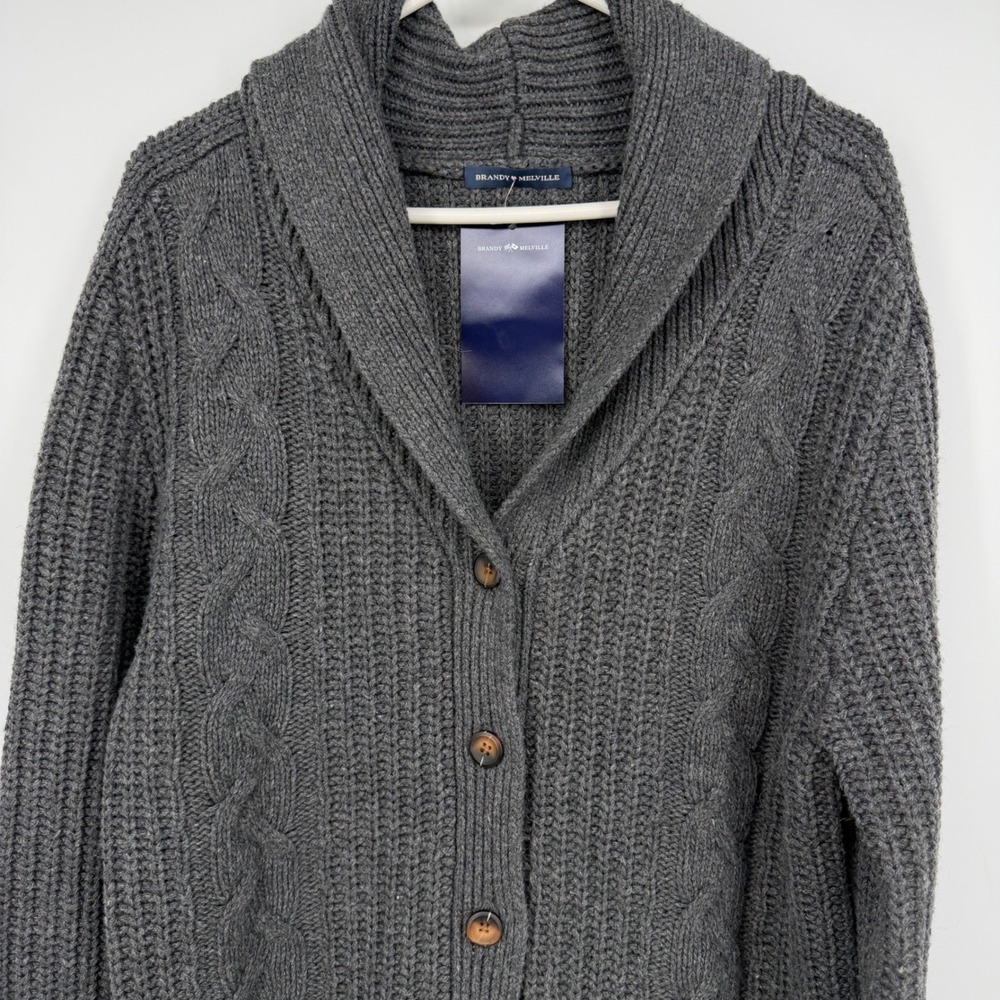 Brandy Melville Cardigan Women One Size Grey Wool Blend Cable Knit Shawl Collar
